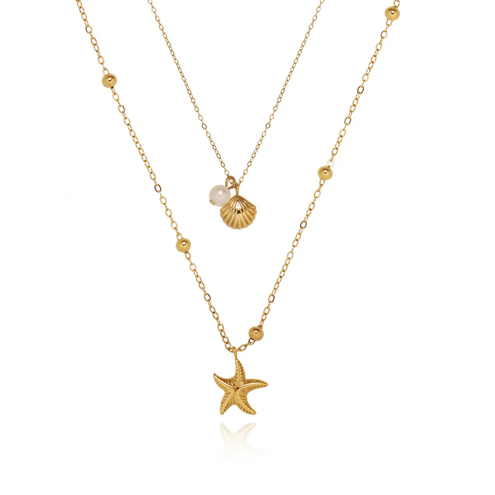 Pearly Sea Shell & Star Fish - Necklace - B-229