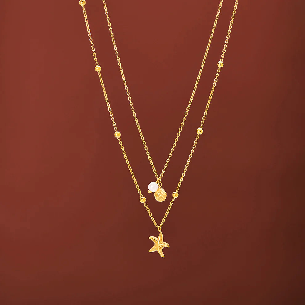 Pearly Sea Shell & Star Fish  - Necklace - B-229