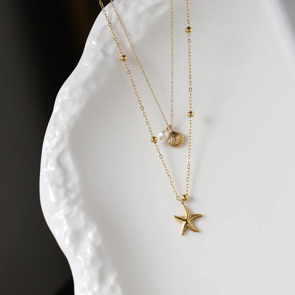 Pearly Sea Shell & Star Fish  - Necklace - B-229